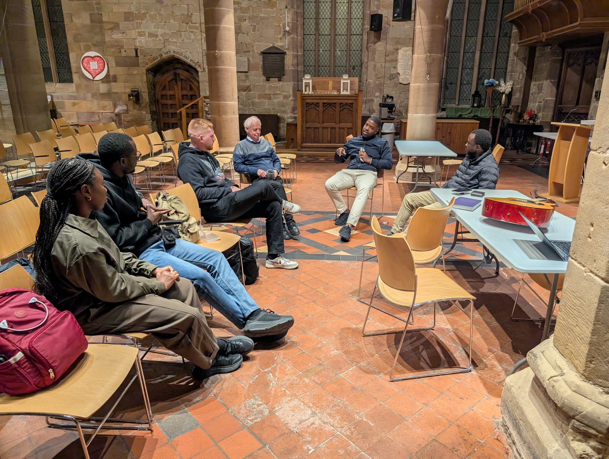 The first gathering of the Church of Christ, Derby, under the arcades of St Peter's